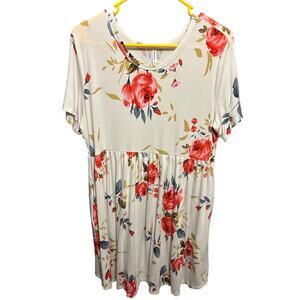 Longyuan Womens 2X Cream Floral Short-Sleeve Knee Length Summer Dress w/pockets
